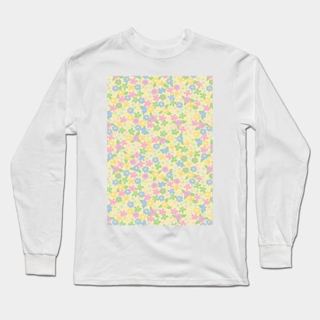 retro yellow florals, groovy 60s pattern, 70s flowers, yellow flower pattern, girly, for teen girl, retro, ditsy, ditsy daisy, pastel yellow Long Sleeve T-Shirt by blomastudios